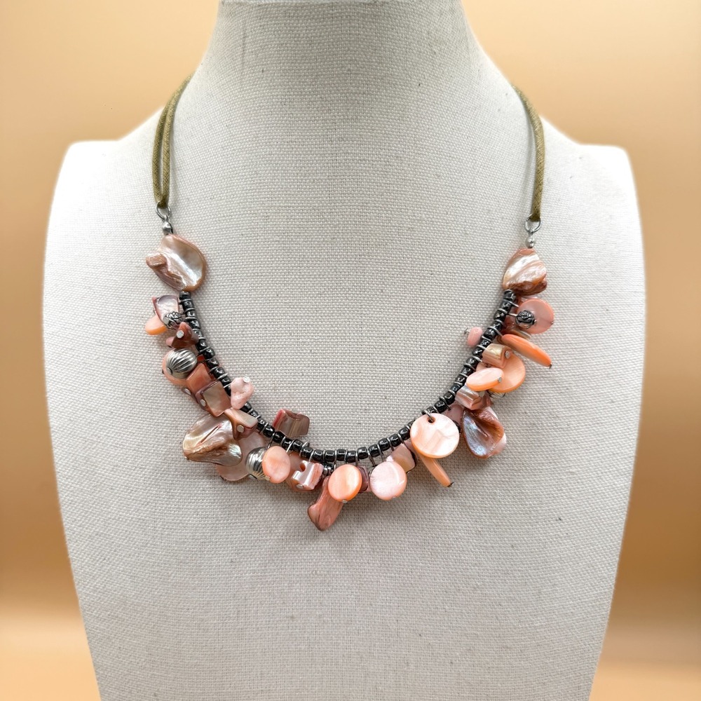 Pink Shell Cluster Necklace Silver Tone Boho Statement Cottagecore Beach Gift